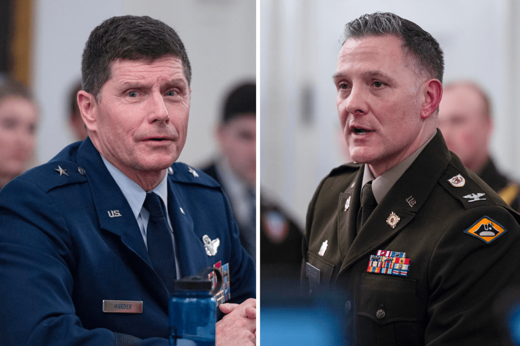 Two uniformed military officers sit indoors at a meeting, each facing forward in separate side-by-side images.