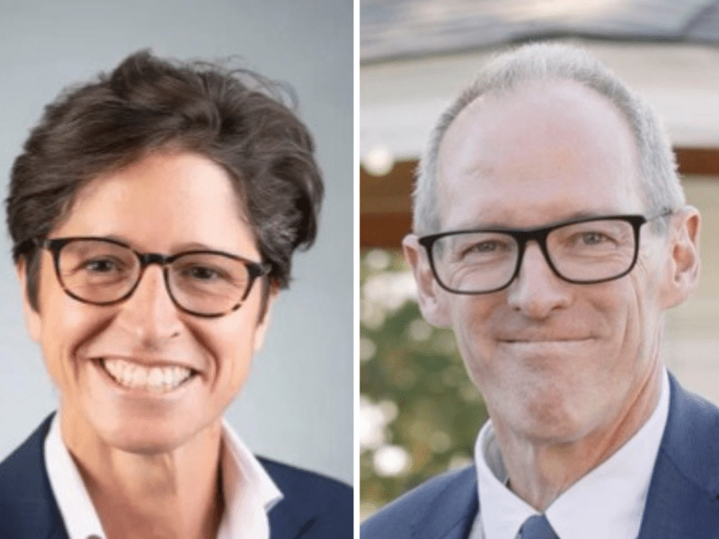 Two people wearing glasses, business attire, and smiling; both have short hair and are shown in individual portrait-style photos side by side.