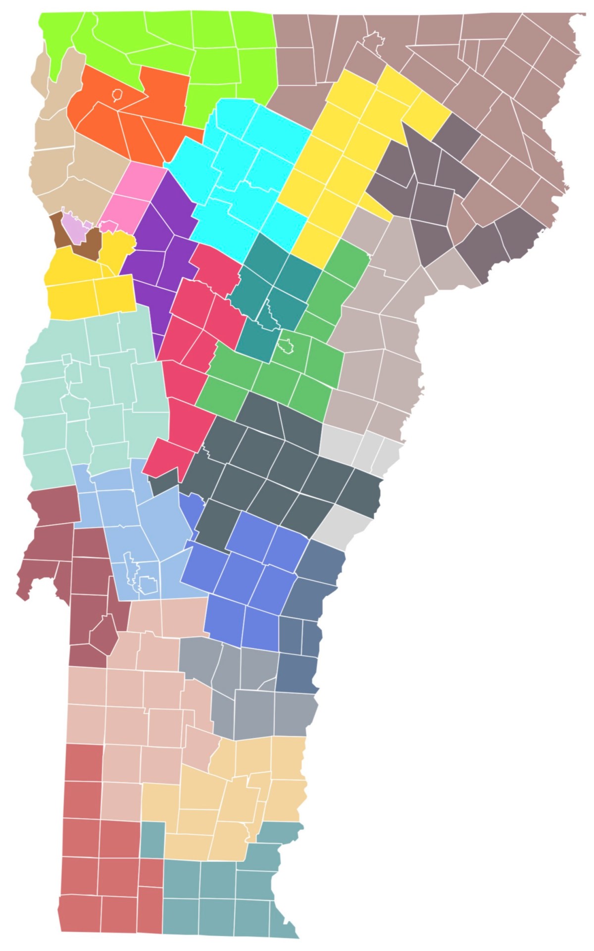 A map of Vermont divided into multiple color-coded regions, each containing several county and town boundaries. No labels or geographic features are shown.