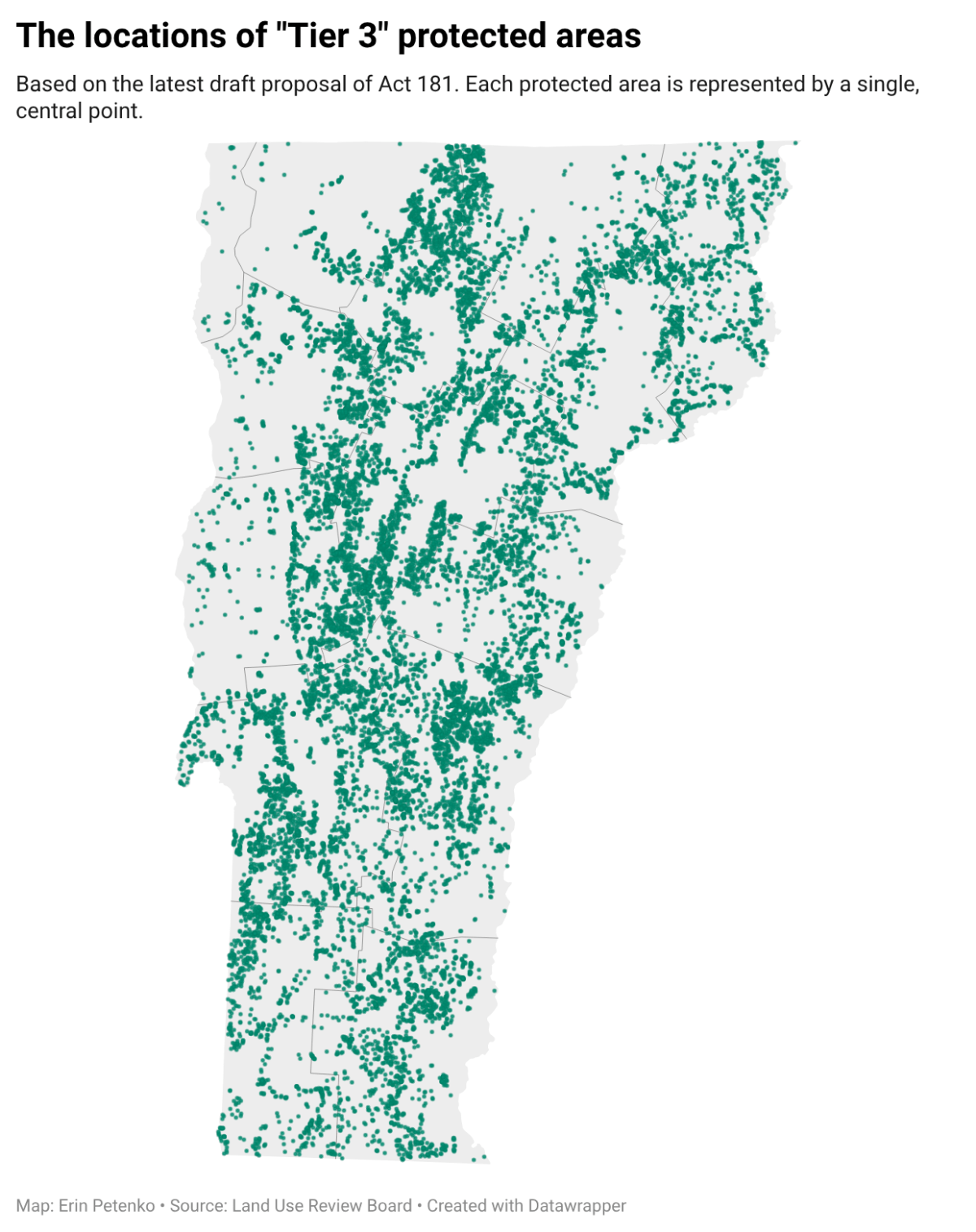 Map of Vermont showing the locations of "Tier 3" protected areas, each marked by a single green dot on the state outline.