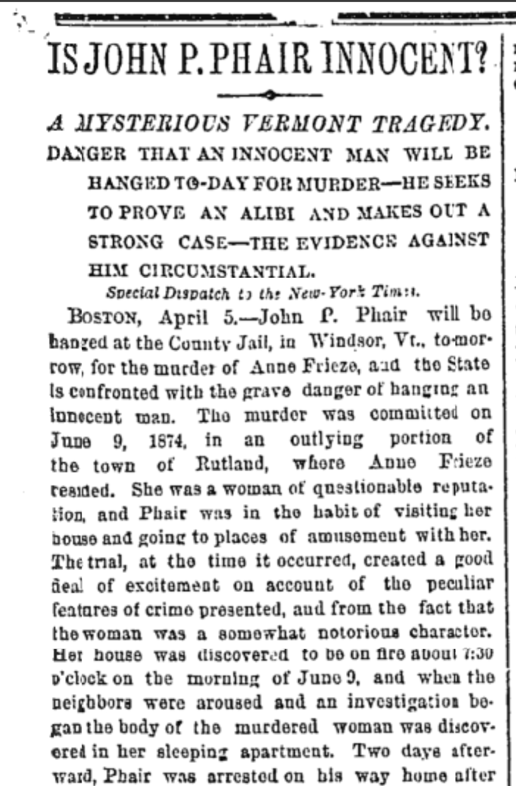 Newspaper clipping titled "IS JOHN P. PHAIR INNOCENT?" discusses the impending execution of John P. Phair for murder and questions the evidence against him.