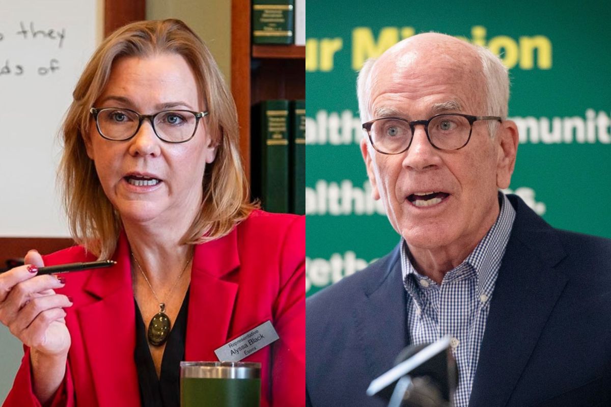 Two adults are shown side by side: a woman in a red blazer speaking and holding a pen, and a man in glasses speaking in front of a green background with partial text.