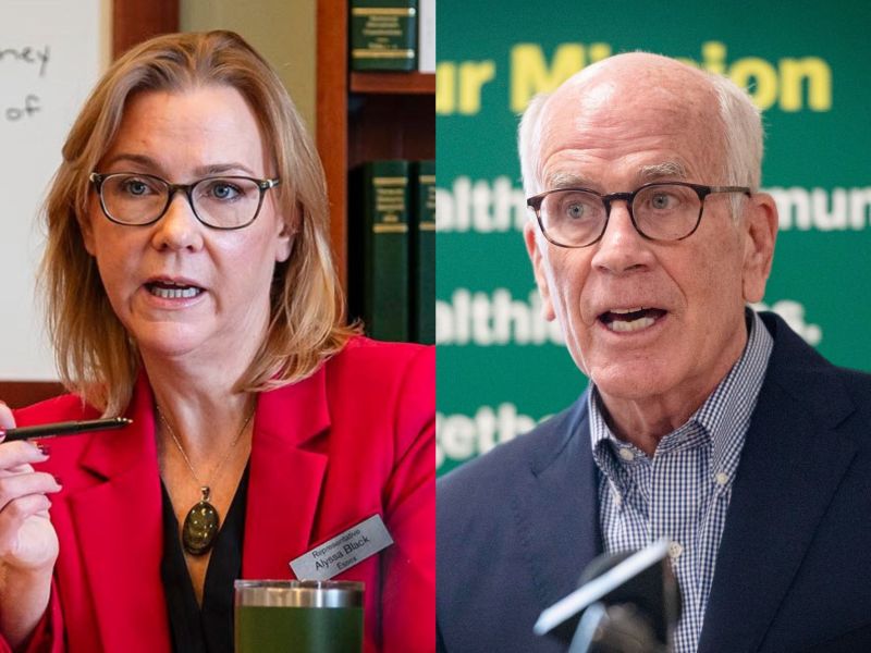 Two adults are shown side by side: a woman in a red blazer speaking and holding a pen, and a man in glasses speaking in front of a green background with partial text.