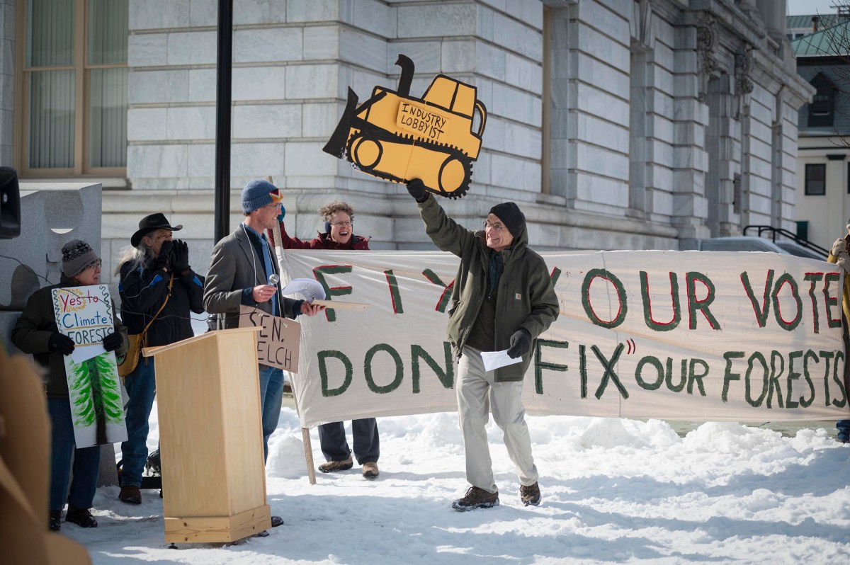 A group of people protest outdoors in snowy conditions, holding signs about forests and climate, including a large banner and a cutout of a bulldozer labeled "INDUSTRY LOBBYIST".