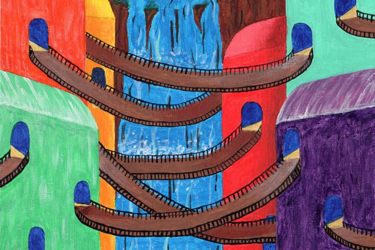 Colorful buildings with arched windows line both sides of a blue waterfall, connected by several curved footbridges spanning the water.