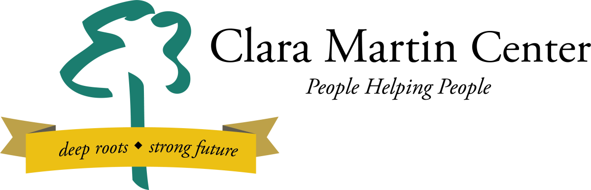 Clara Martin Center logo with a green abstract tree, a yellow ribbon reading "deep roots ♦ strong future," and the tagline "People Helping People.