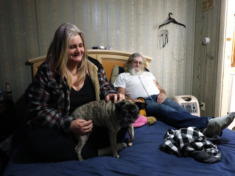 A woman sits on a bed petting a small dog while a man reclines next to her.