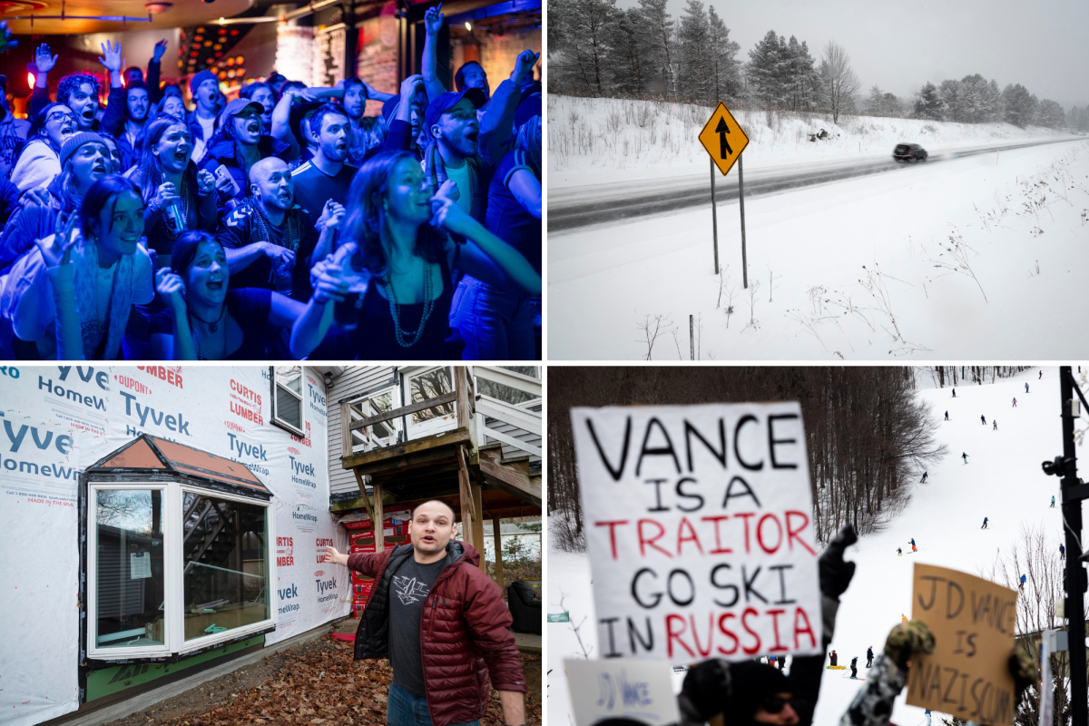 A collage of four images: people dancing at a party, a snowy road with cars, a person outside a house under construction, and protest signs held near a snowy hill.
