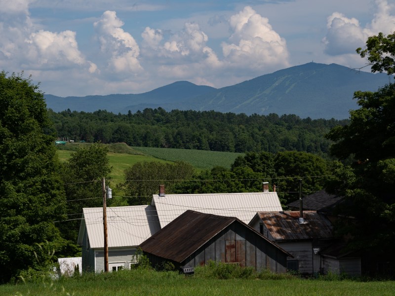 Three rural houses with metal roofs sit surrounded by green trees and fields, with forested hills and a mountain range in the background under a partly cloudy sky.