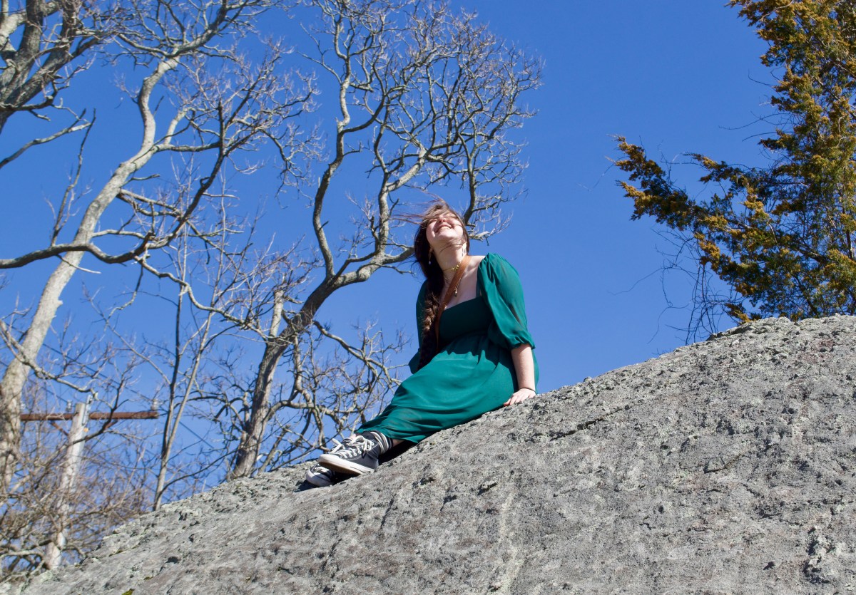 A person in a green dress sits on a large rock, looking upward with a smile. Bare trees and a clear blue sky are in the background.