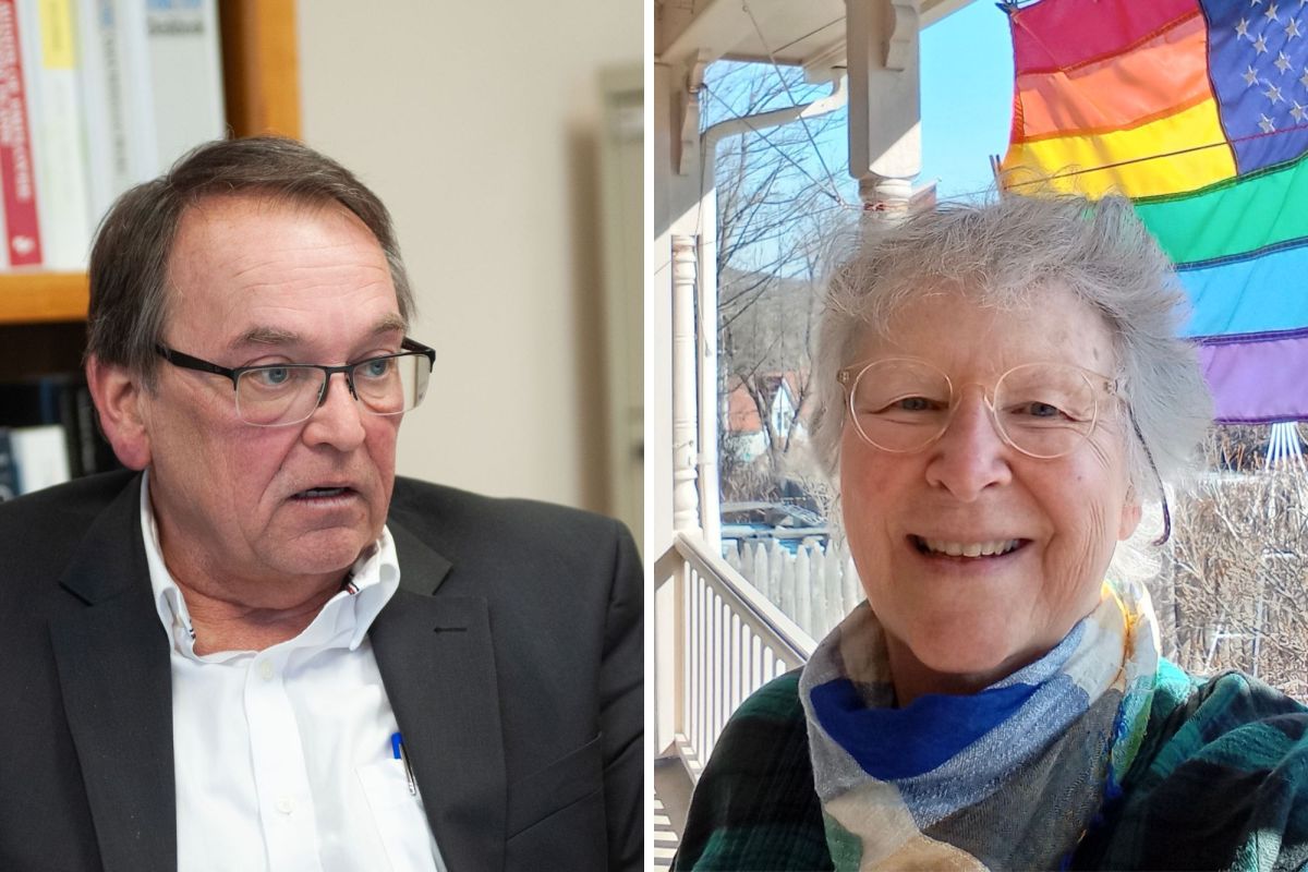 Split image: Left, a man in a suit and glasses sits indoors. Right, a woman with glasses smiles outdoors near a rainbow pride flag.