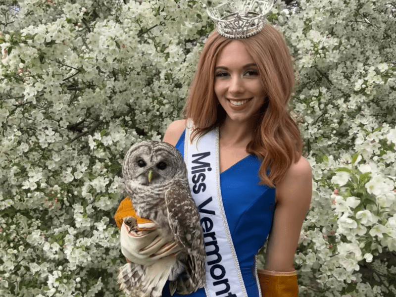 A woman wearing a "Miss Vermont" sash and a crown stands in front of white flowering trees, holding a barred owl on her gloved arm.