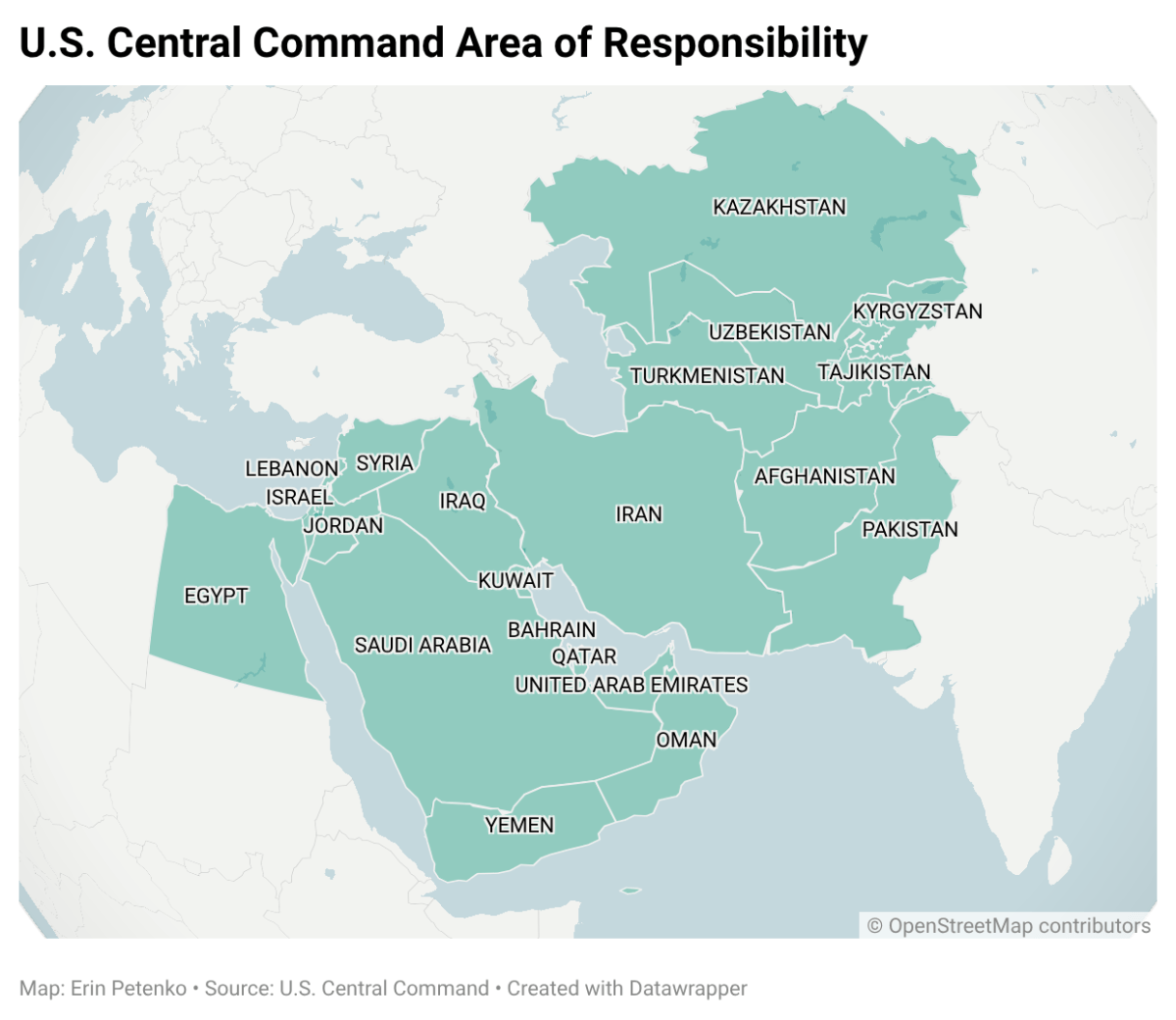 Map showing the countries in the U.S. Central Command Area of Responsibility, including Egypt, Saudi Arabia, Iraq, Iran, Afghanistan, and others in the Middle East and Central Asia.