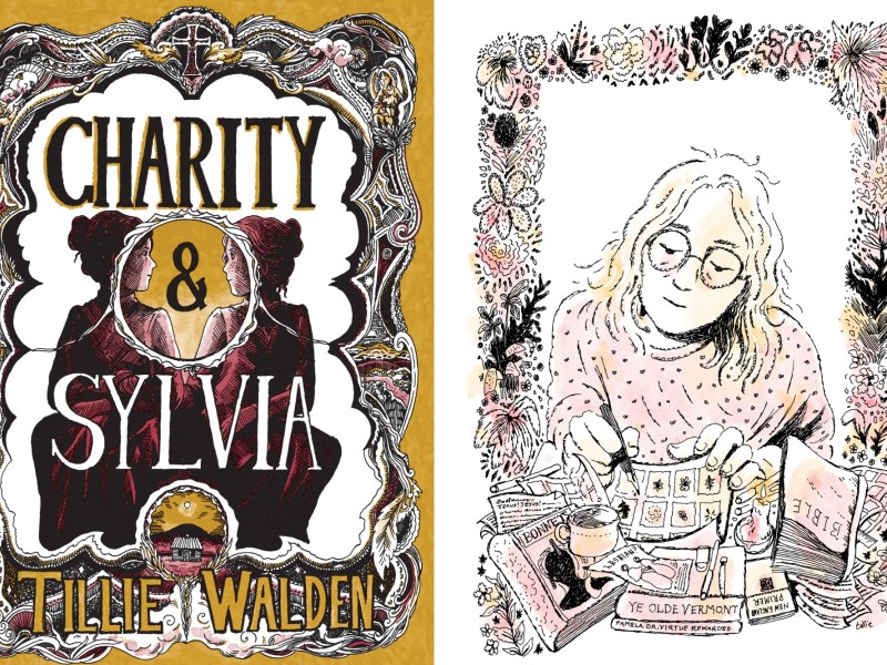 Cover of "Charity & Sylvia" by Tillie Walden on the left, and on the right, an illustrated person drawing at a table with art supplies, drinks, and nature-themed borders.