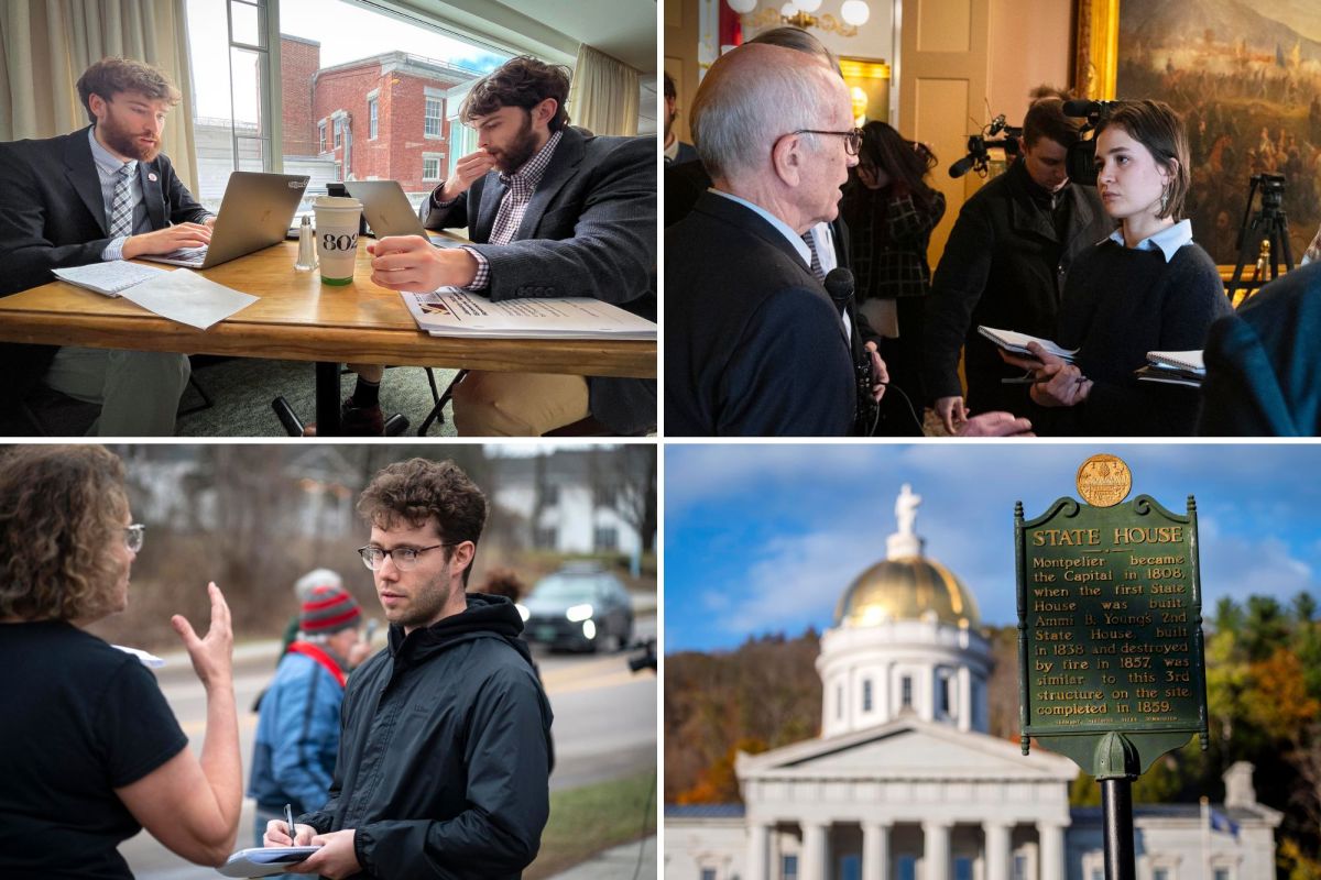 A collage of four images showing people taking notes, conducting interviews, working on laptops, and the dome of a state capitol building with a historical marker in the foreground.