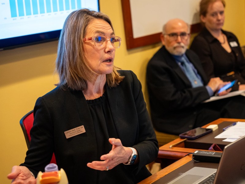 A woman in business attire speaks during a meeting, with two colleagues seated behind her and a presentation graph displayed on a screen.
