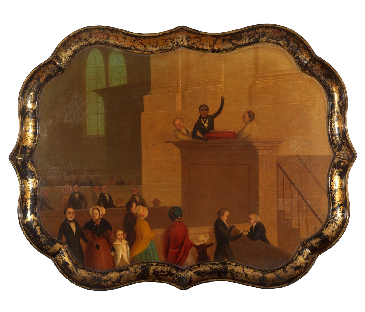 A historical painting shows an African American preacher speaking to a diverse congregation inside a church with arched windows and wooden pews.