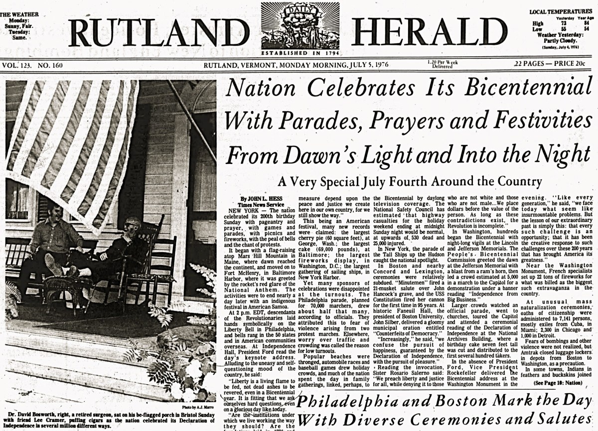 Front page of the Rutland Herald from July 5, 1976, featuring a headline about the U.S. Bicentennial with a photo of people sitting on a porch with American flags.