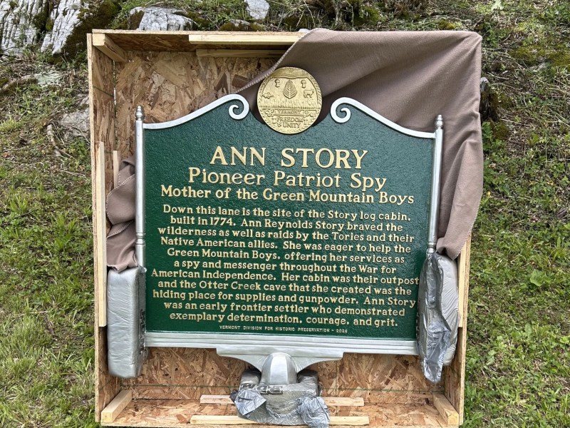 A green and gold historical marker for Ann Story, Pioneer Patriot Spy, in a wooden crate, displayed outdoors on grass and rocks.
