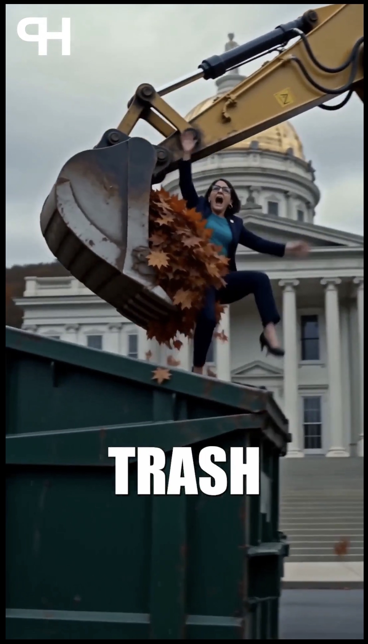 A woman in a suit is sitting on an excavator bucket dumping leaves into a dumpster in front of a government building. The word "TRASH" appears in bold at the bottom.