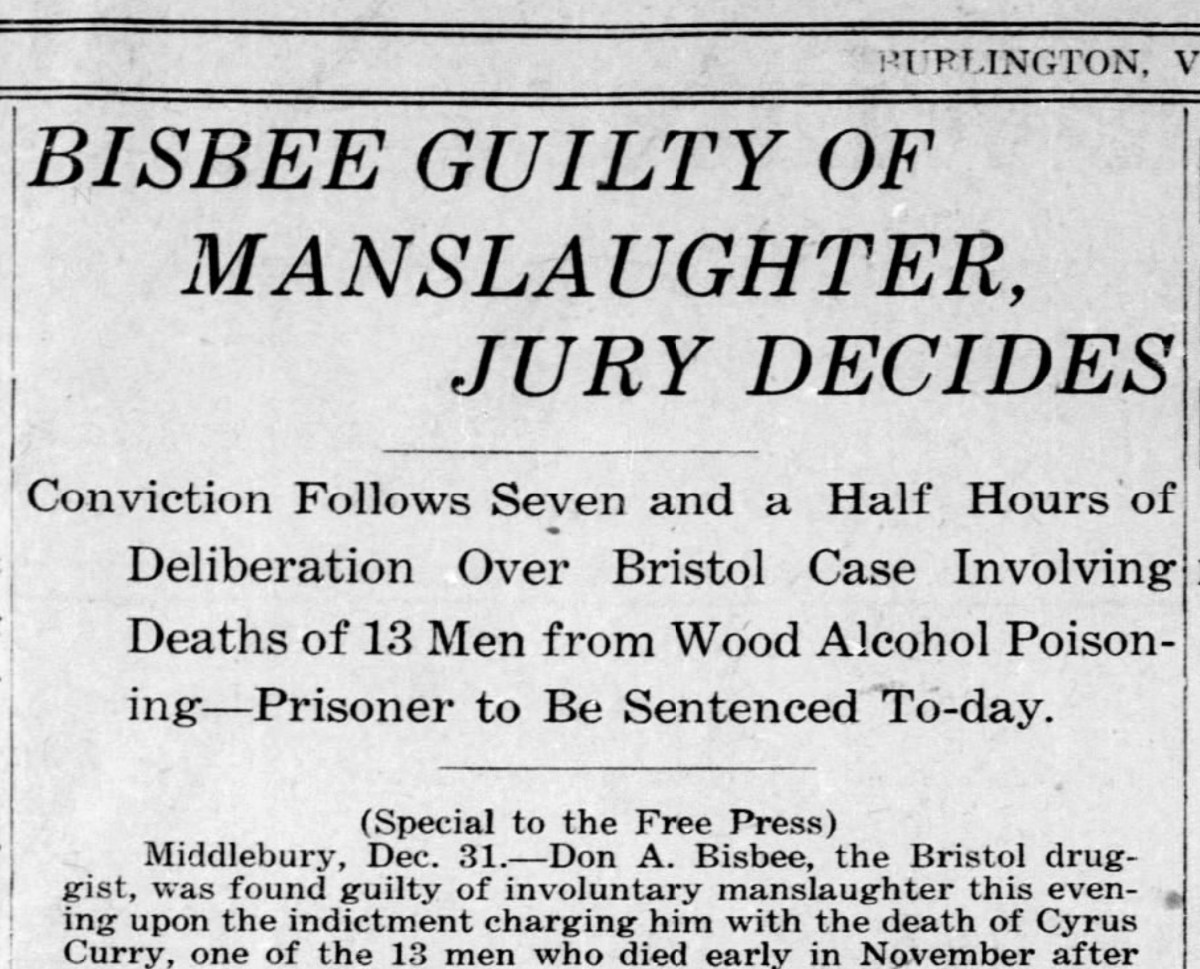 Newspaper headline reads, “Bisbee Guilty of Manslaughter, Jury Decides,” with subheading about wood alcohol poisoning deaths and sentencing.