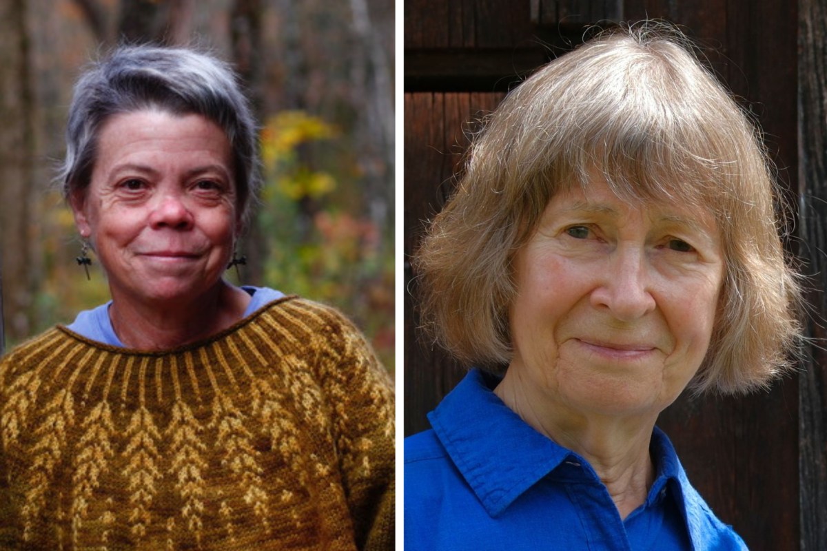 Two older women are shown side by side; one wears a brown sweater and is outdoors, the other wears a blue shirt and is in front of a wooden wall.