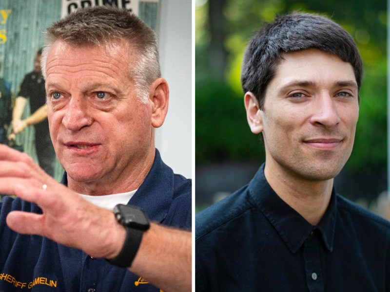 Split image of two men: on the left, an older man in a navy uniform gesturing; on the right, a younger man with short brown hair wearing a black collared shirt, outdoors.