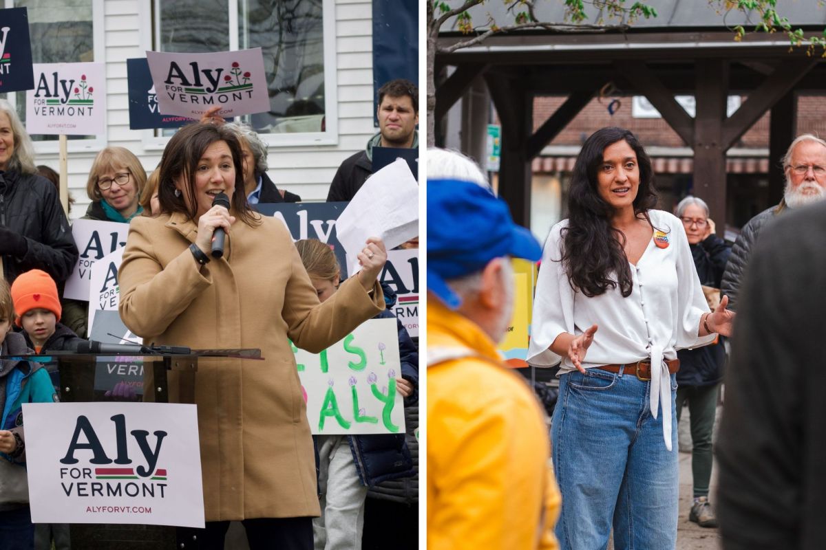 Two women speak at outdoor campaign events for "Aly for Vermont," each addressing groups of supporters holding signs.