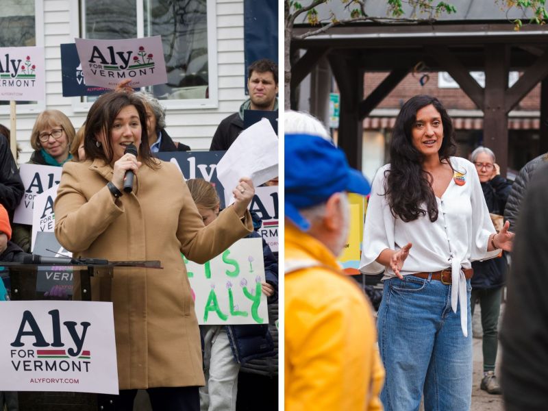 Two women speak at outdoor campaign events for "Aly for Vermont," each addressing groups of supporters holding signs.