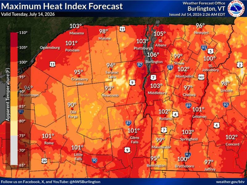 Heat index map for Vermont and surrounding areas on July 14, 2026, showing apparent temperatures from mid-80s to 105°F, with hottest areas in the west and south.