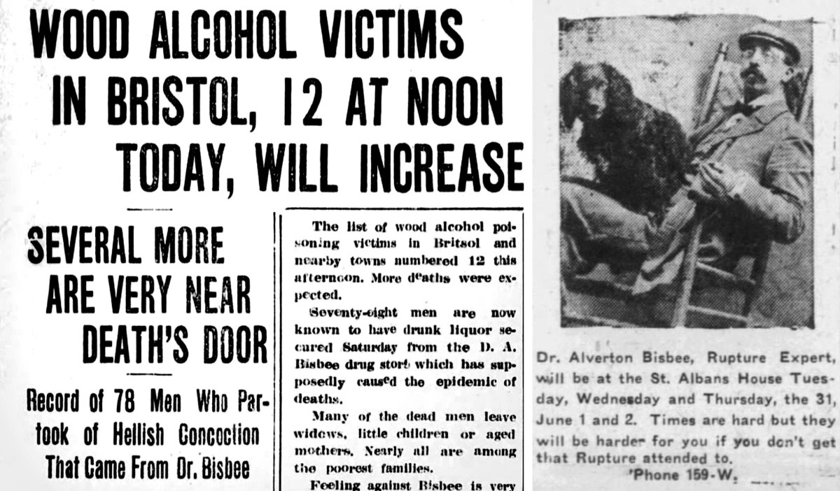 Newspaper article reports rising deaths from wood alcohol poisoning in Bristol; photo shows Dr. Alverton Bisbee with a dog, promoting his rupture treatment services.