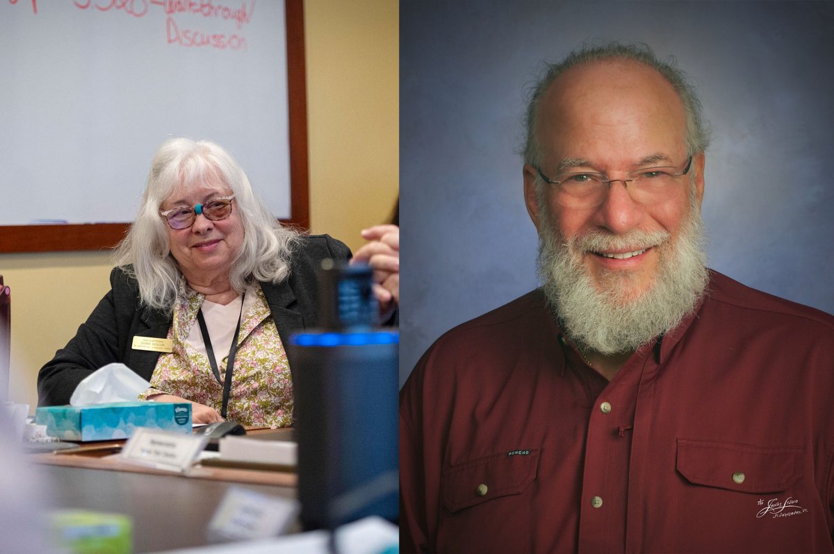 A split image showing an older woman with white hair and glasses sitting at a table, and an older man with a white beard and glasses posing for a studio portrait.