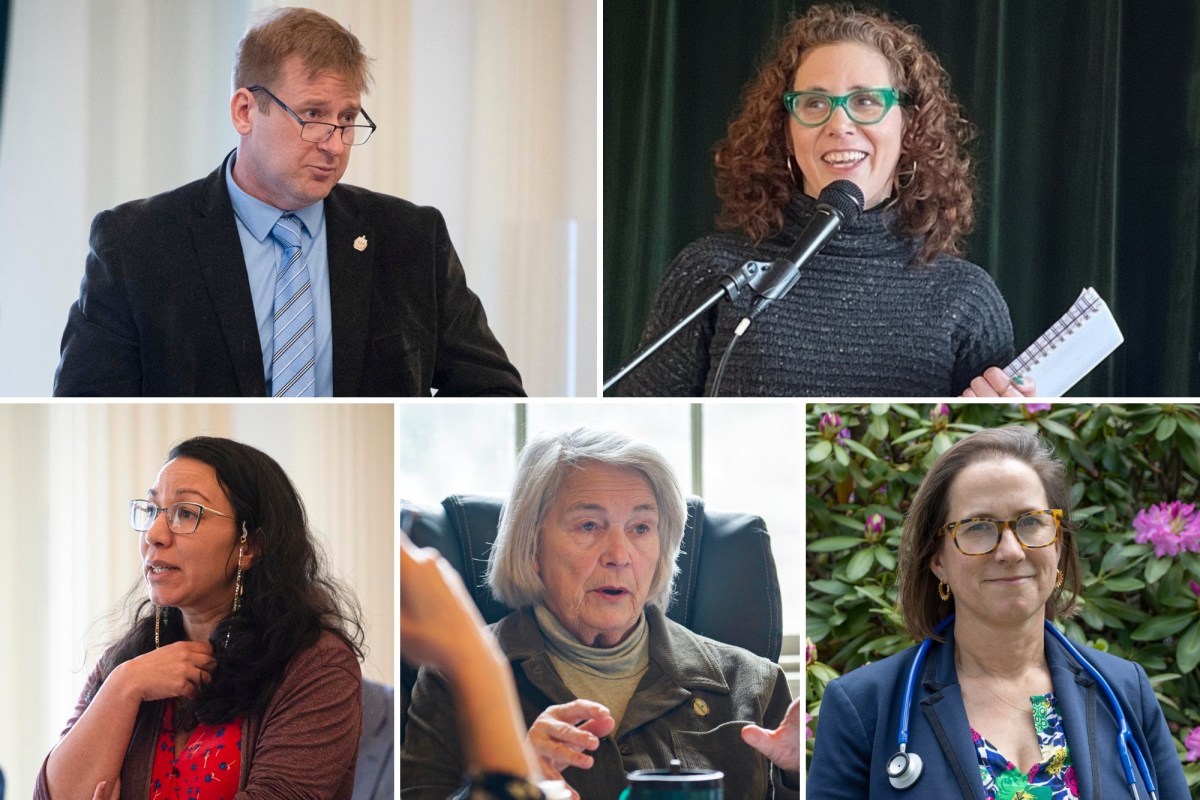 A collage of five adults, three women and one man indoors, plus one woman outdoors in a medical coat with a stethoscope; all are engaged in conversation or speaking.