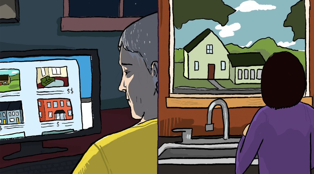 A person looks at houses for sale on a computer, while another person looks out a kitchen window at a green house with a yard.