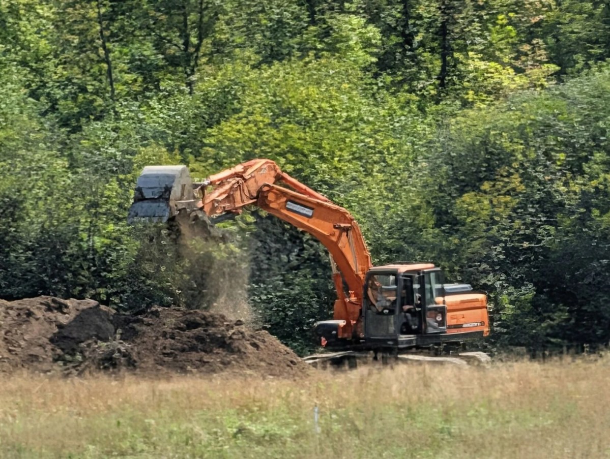 An orange excavator lifts a bucket of soil near a pile of dirt in a grassy area with dense trees in the background.