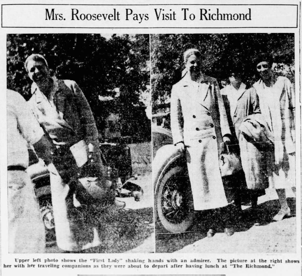 Mrs. Roosevelt stands outdoors with several people near a car; in one photo, she shakes hands with an admirer.