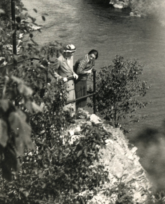 Two people stand by a railing on a rocky riverbank, looking down at the water below. Trees and foliage partially obscure the view.