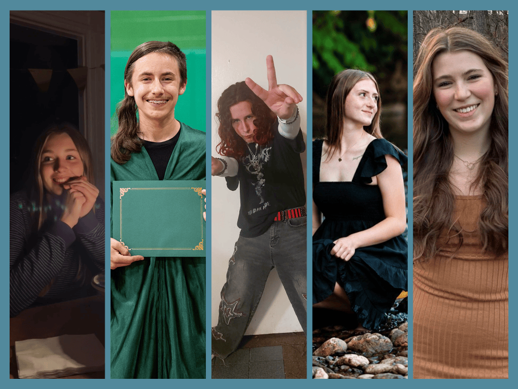 A collage of five young people, each in a different setting: at a table, holding a folder, making a peace sign, sitting by water, and smiling outdoors.