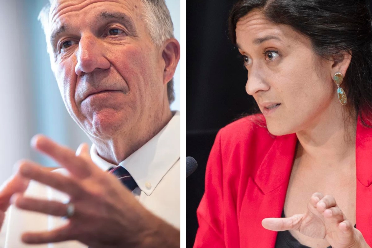 Split image showing a man in a white shirt and striped tie gesturing with his hands on the left, and a woman in a red blazer speaking and gesturing on the right.