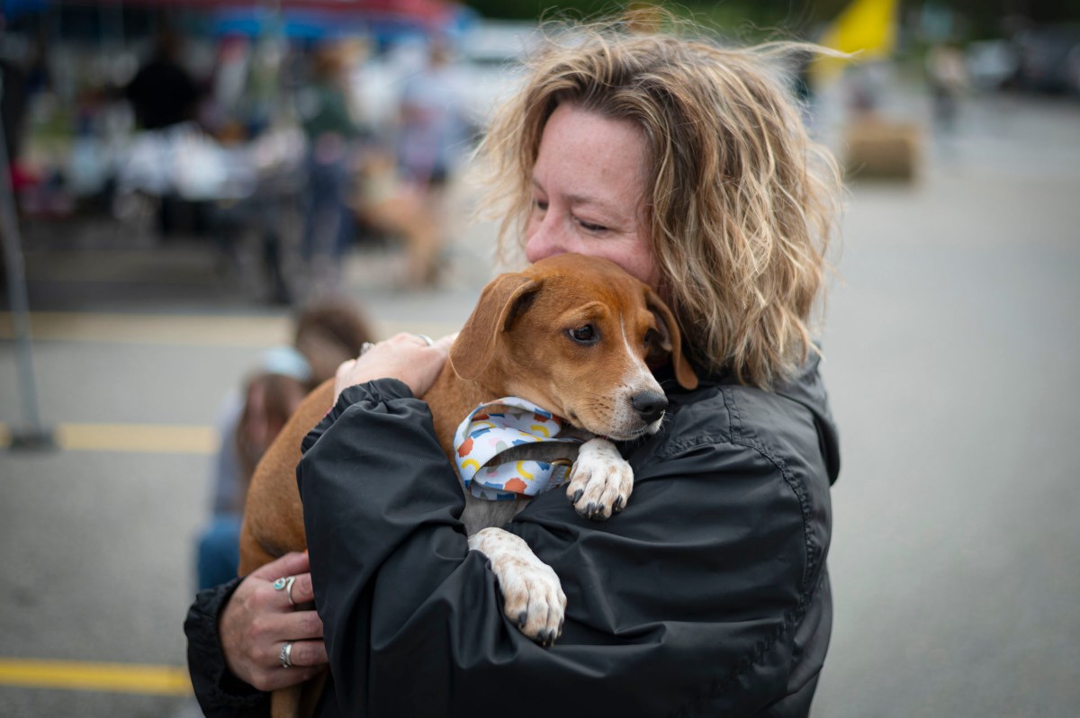 A woman with wavy blonde hair hugs a brown and white puppy wearing a patterned bandana at an outdoor event.