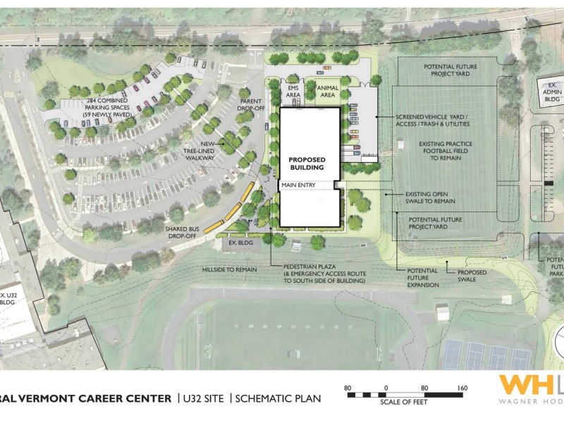 Site plan for the Central Vermont Career Center, showing a proposed building, parking areas, and surrounding fields.