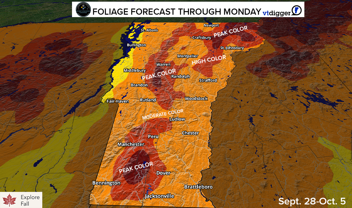 Foliage forecast map of Vermont showing peak, high, and moderate color areas from September 28 to October 5.