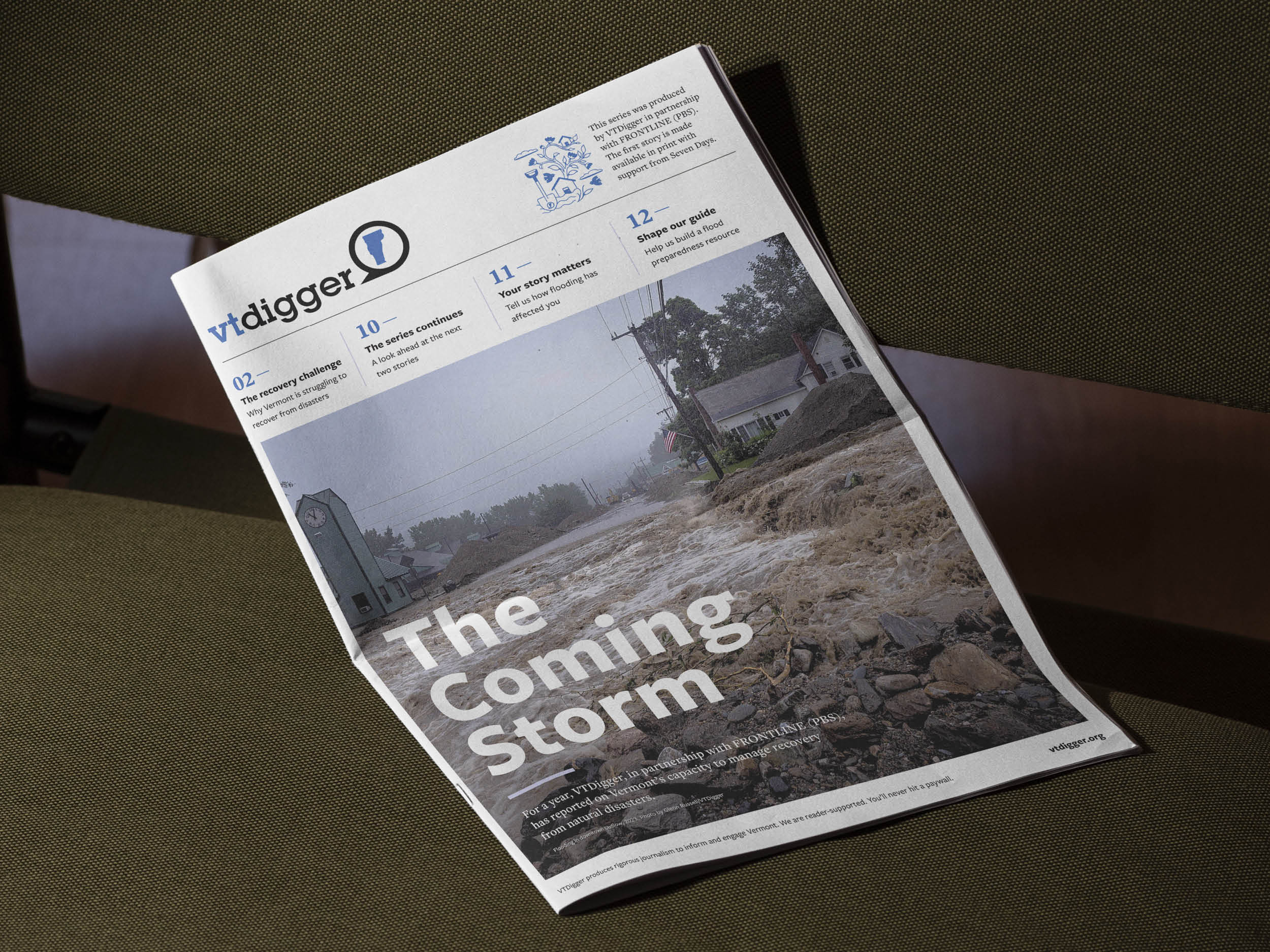 A VTDigger newspaper special report titled “The Coming Storm” about Vermont’s flood recovery efforts.