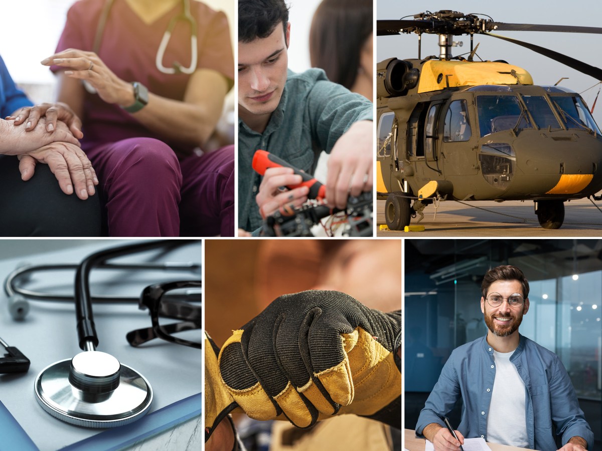 A collage showing a healthcare professional comforting a patient, a person repairing machinery, a parked helicopter, a stethoscope and glasses on a clipboard, a gloved hand, and a man writing at a desk.